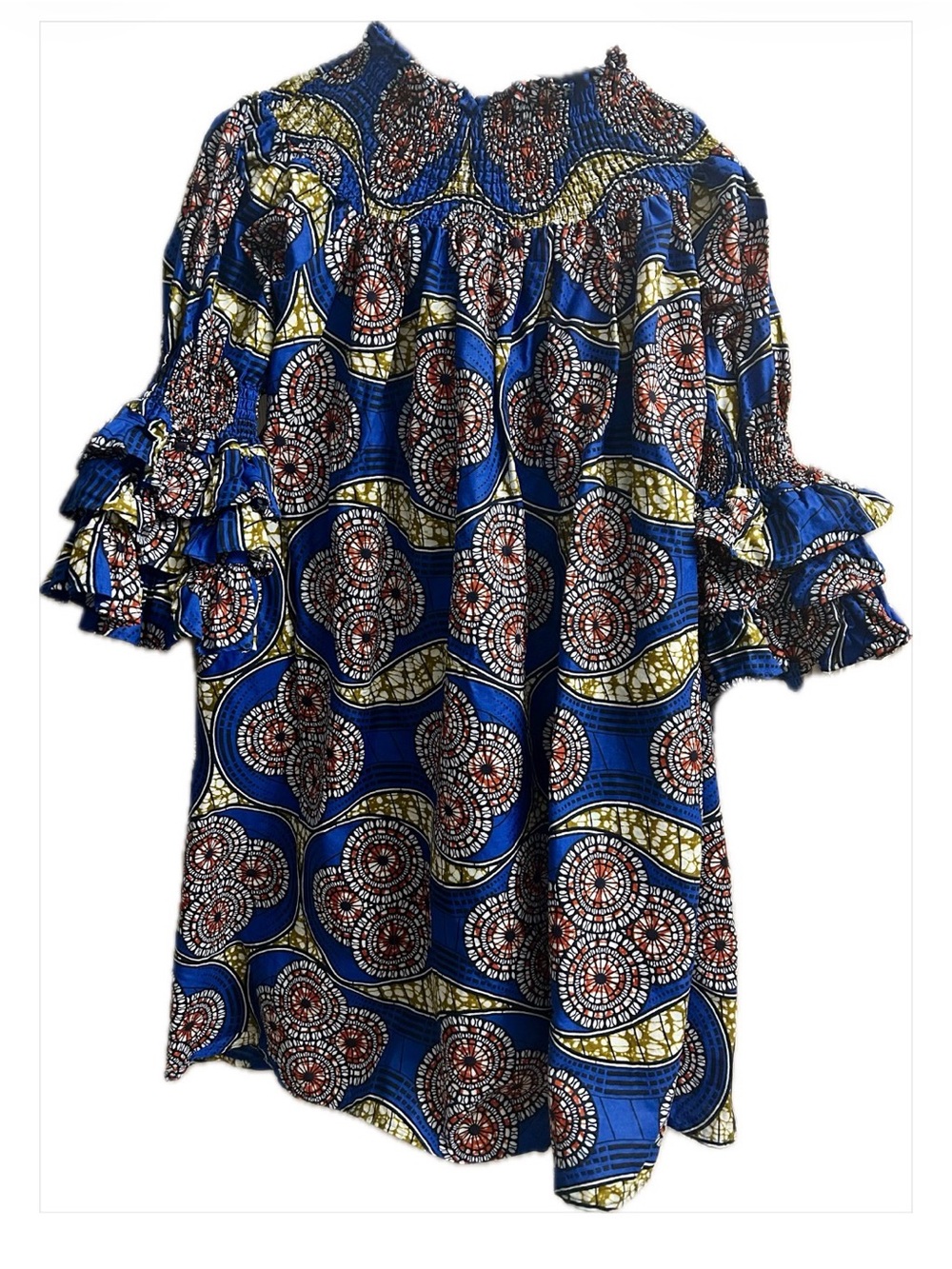 Vibrant Blue Patterned Smocked Neck Tunic